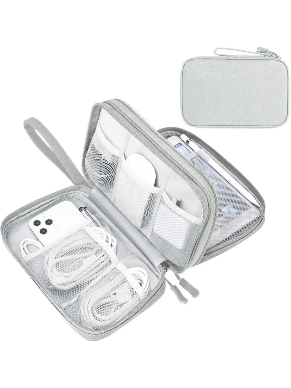 Large Travel Tech Organizer Pouch Bag - Electronic Accessories Storage, Grey